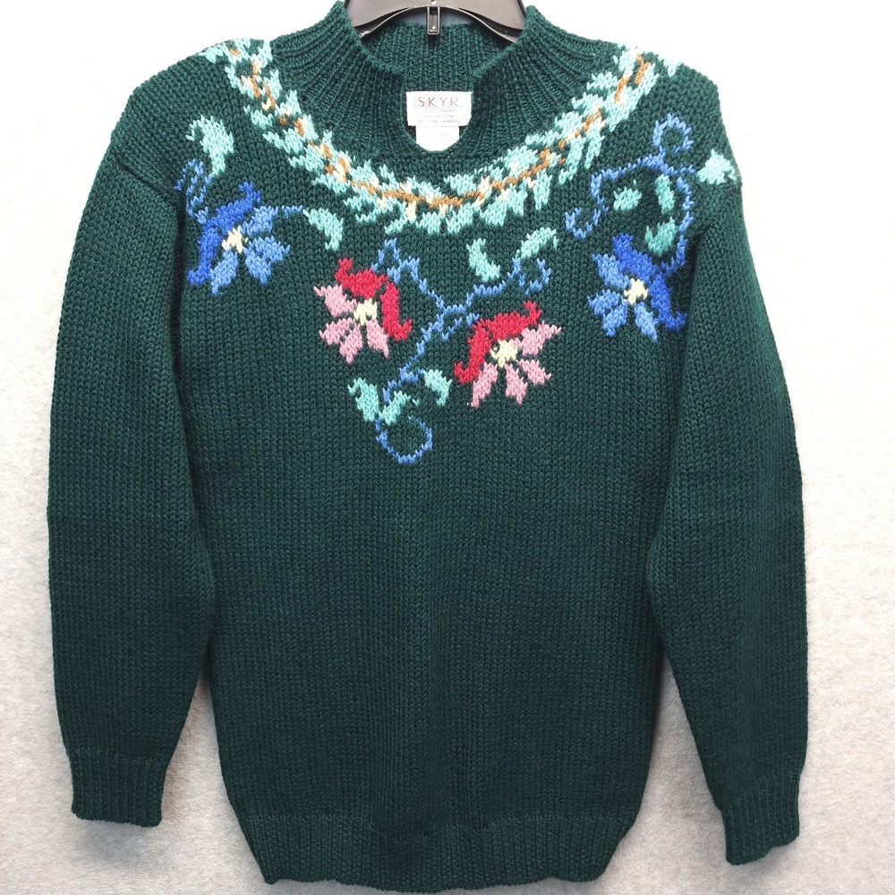SKYR Vintage 80s Sweater Small Floral Knit Wool Green Novelty Kitchsy